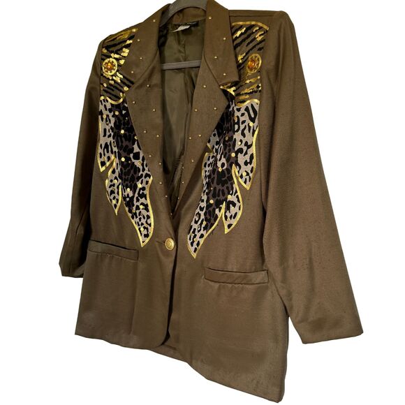 Vintage 80s AB Sport Blazer – Army Green Gold Accents, Animal Print, Jewels - Picture 2 of 4